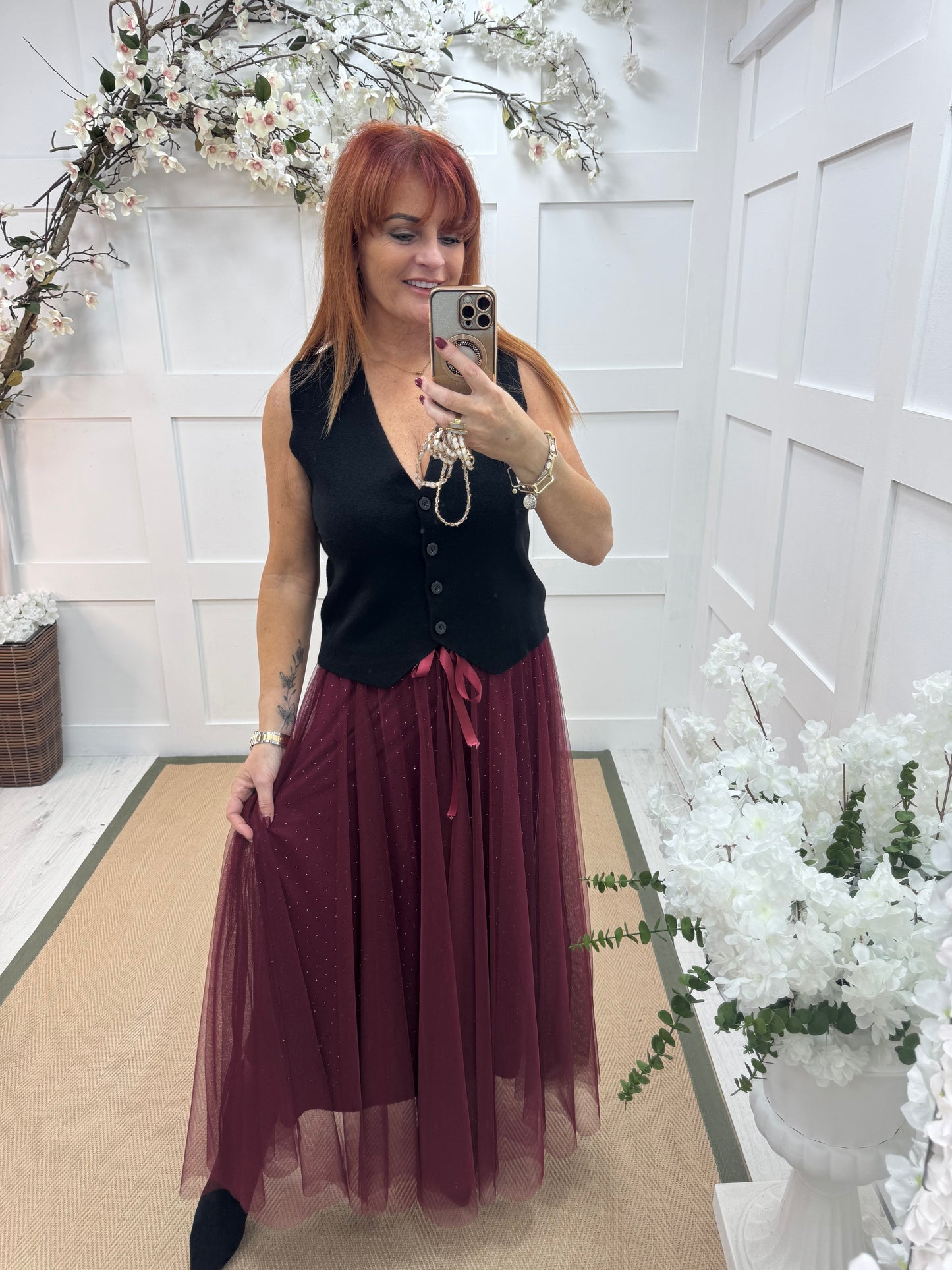 Linzi: Red diamanté tulle net skirt. One size 12-18