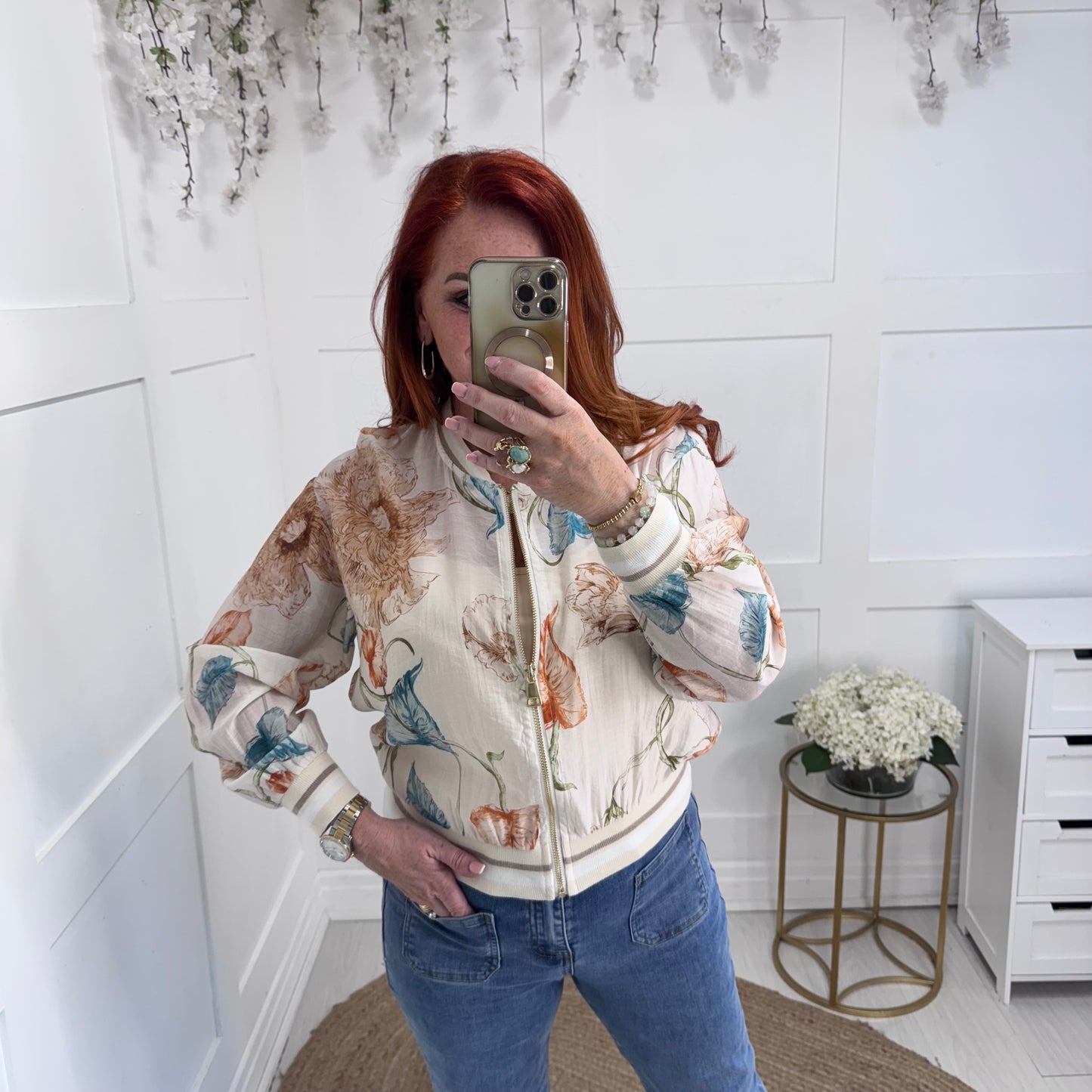 Everly: Silky beige floral bomber jacket. One size: 8-16