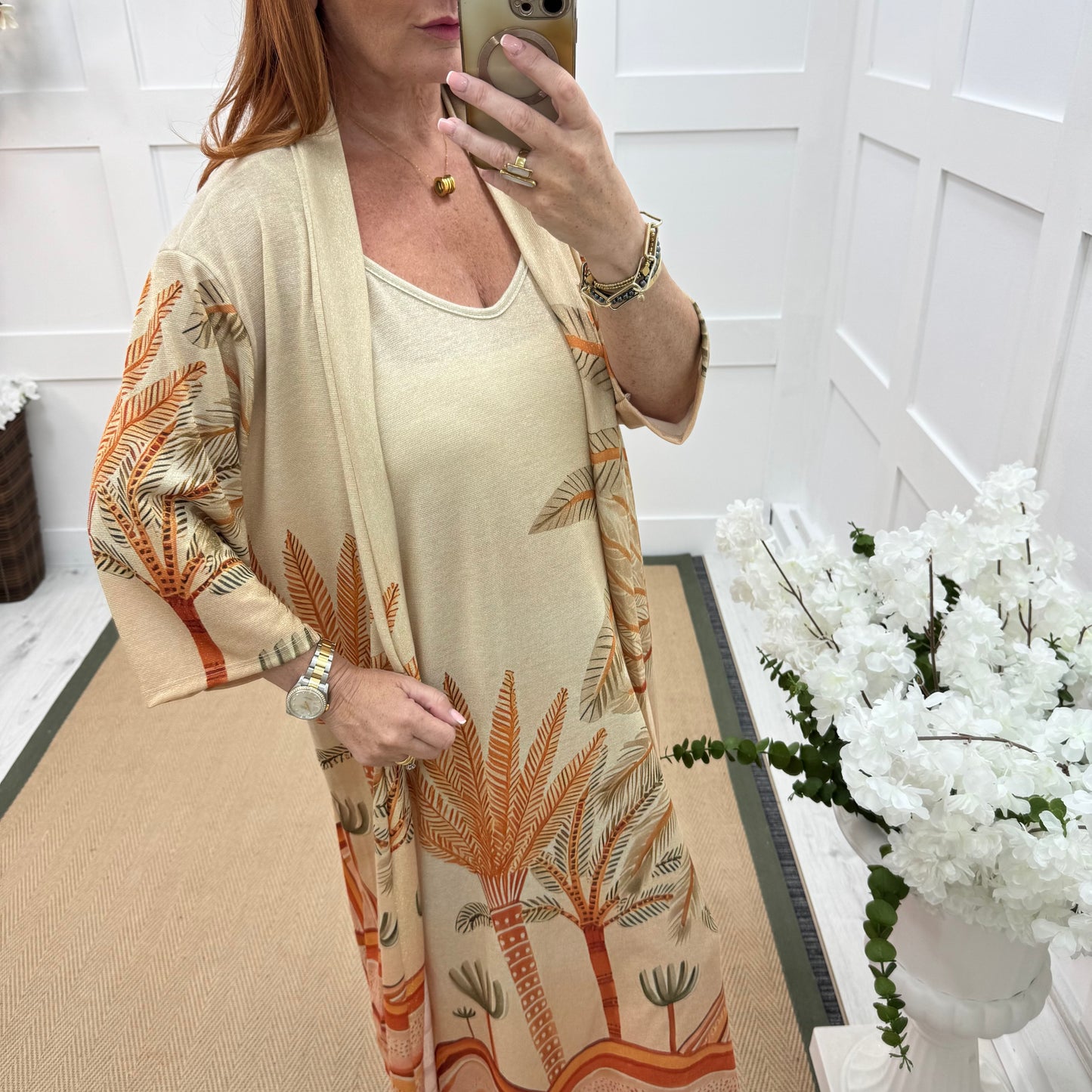 Stevie: Orange palm tree fine knit cardigan. One Size: 14-18