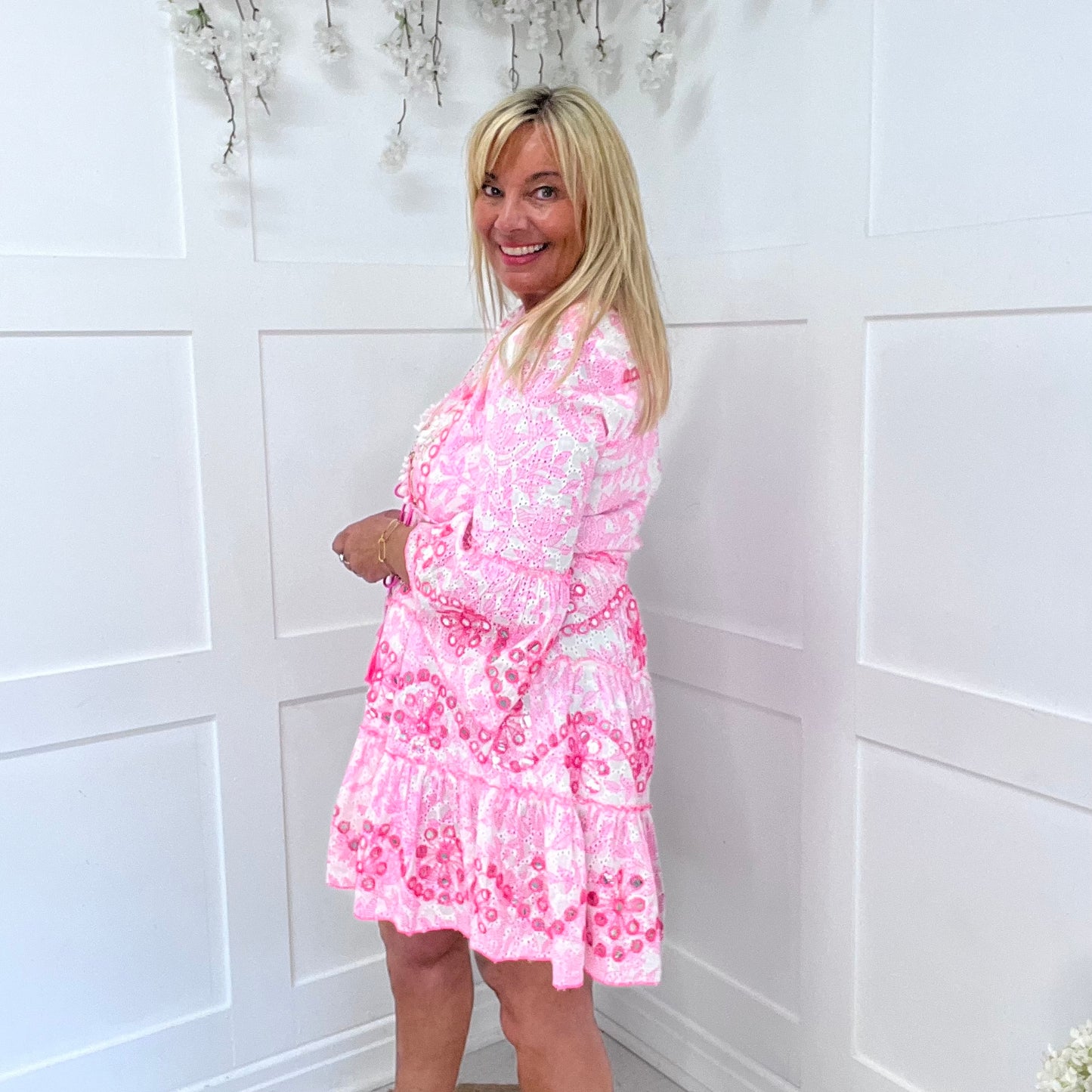 Skylar: Neon pink short embroidered sequin dress. One size: 12-18