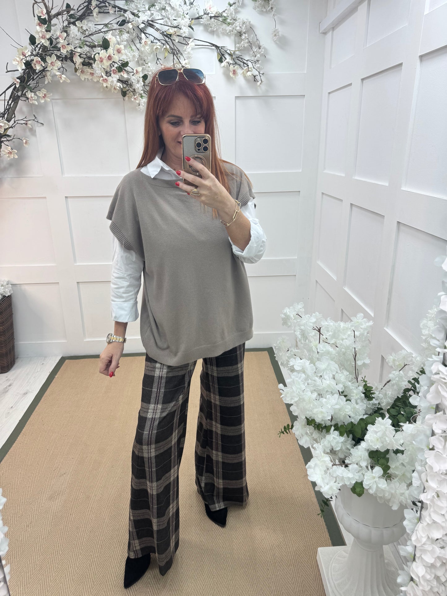 Tamara: Navy wide leg tartan check trousers. One size 10-16