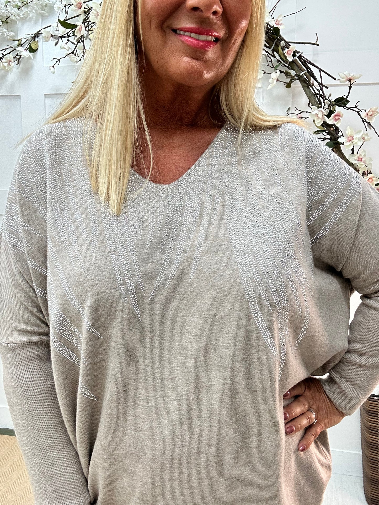 Coco: Beige V neck diamanté long sleeve top. One size: 18-22