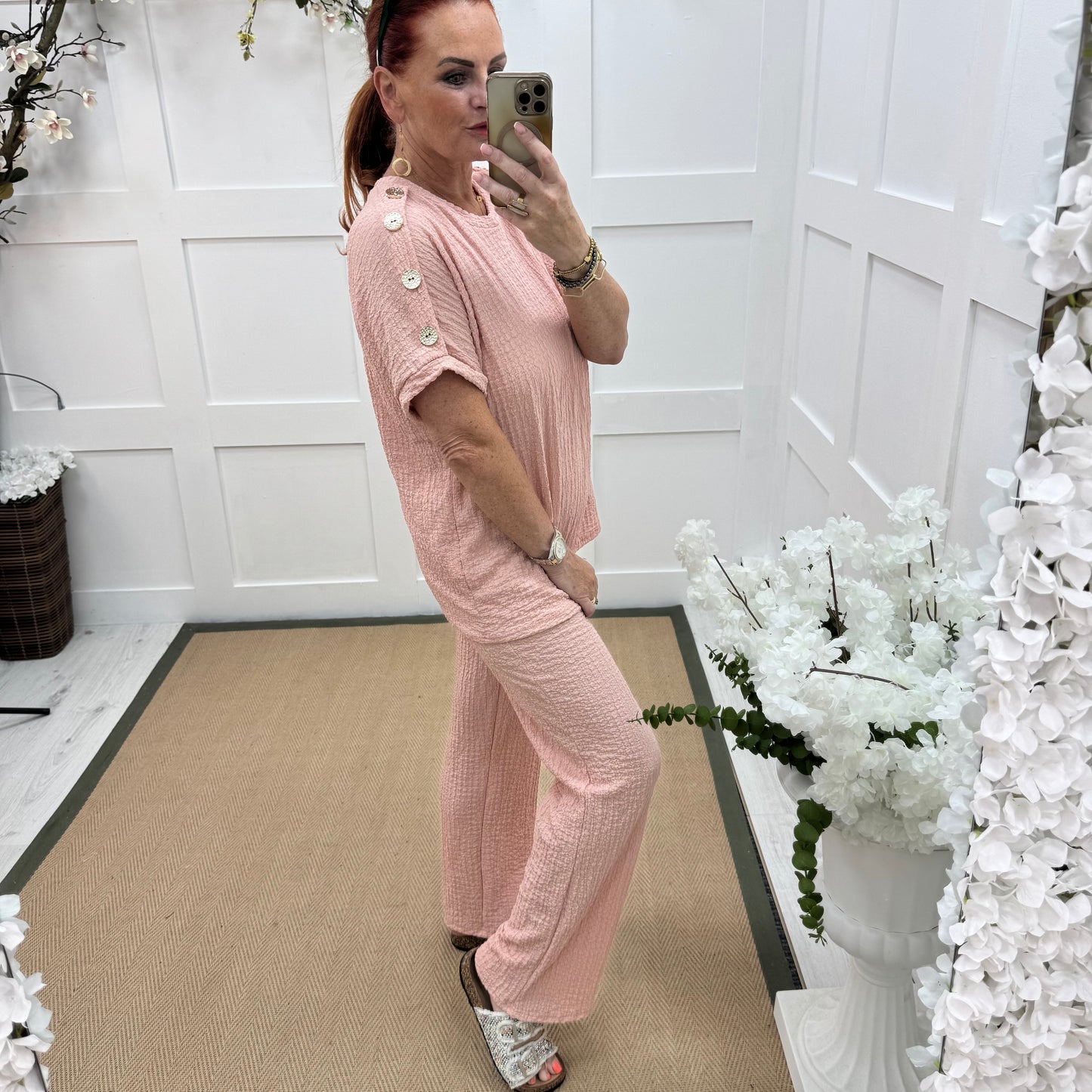 Tasha: Pink & gold button loungewear set. 2 sizes