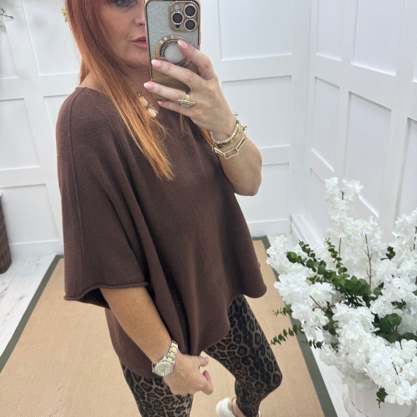Carys: Brown short knitted top. One size: 12-18