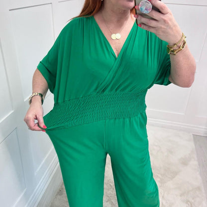 Alicia: Stretchy wrap detail wide leg jumpsuit. One size 14-22
