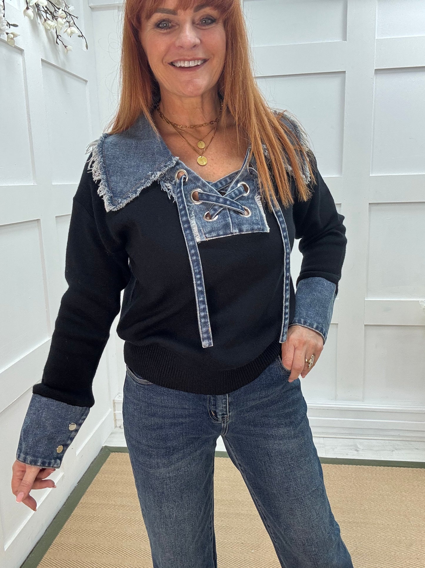 Malin: Black denim collar long sleeve top. One size: 12-18