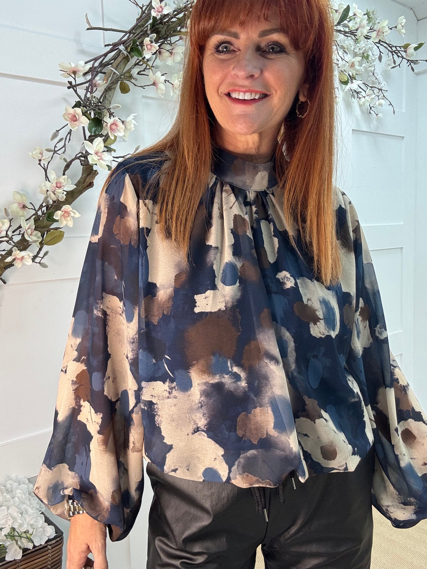 Holly: Navy & cream print high neck top. One size: 10-16