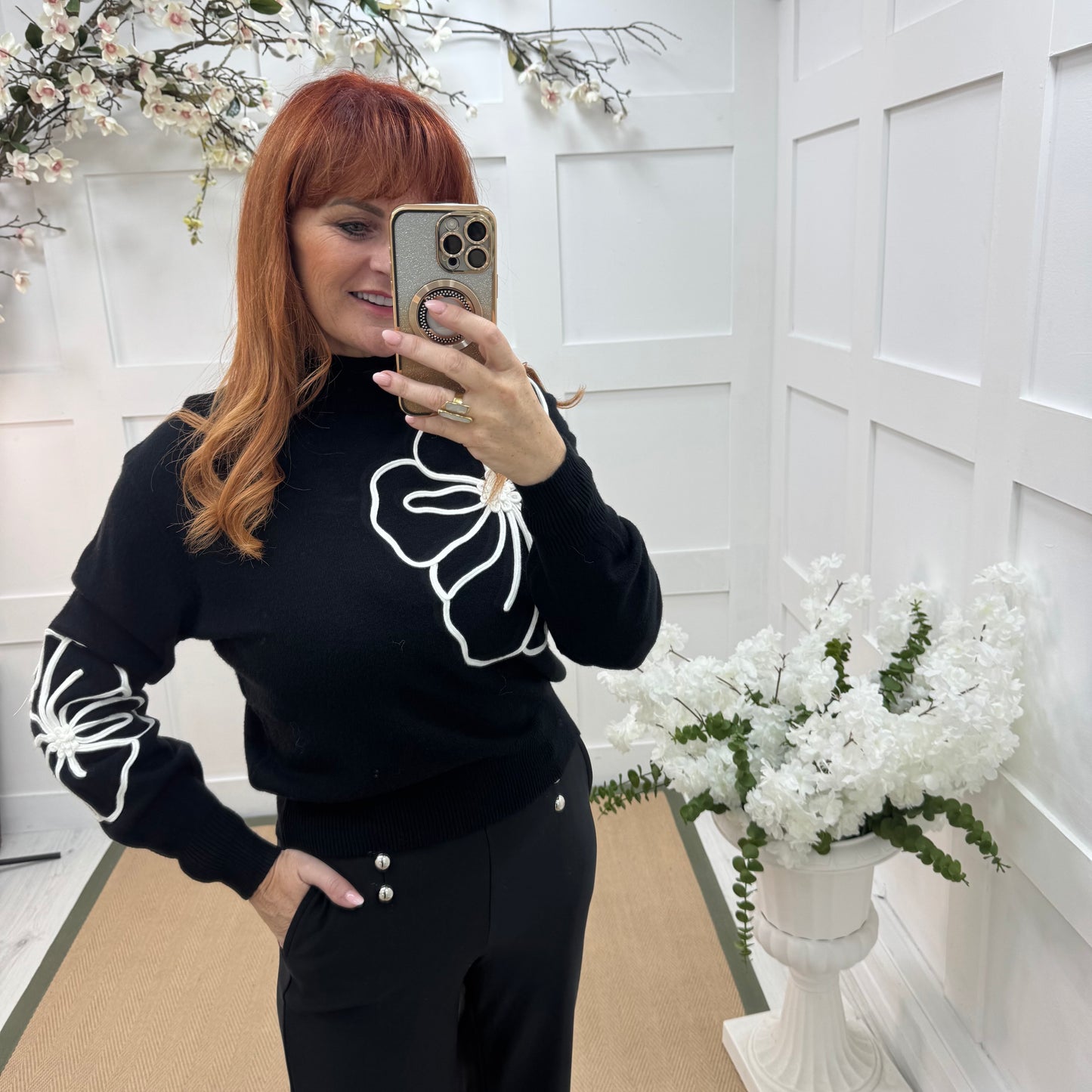 Danni: Black embroidered big flower top. One Size 12-18