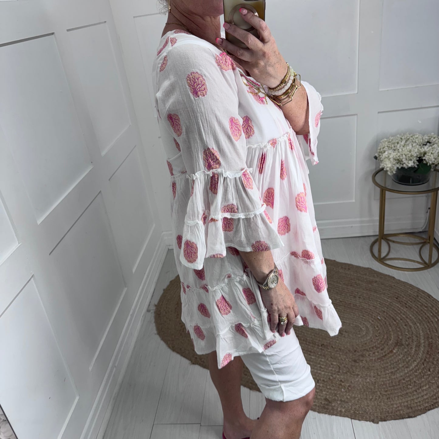 Lilia: White shell & embroidery tunic dress. One size: 12-16