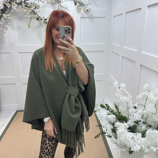Candy: Khaki wool fringe cape. Free size