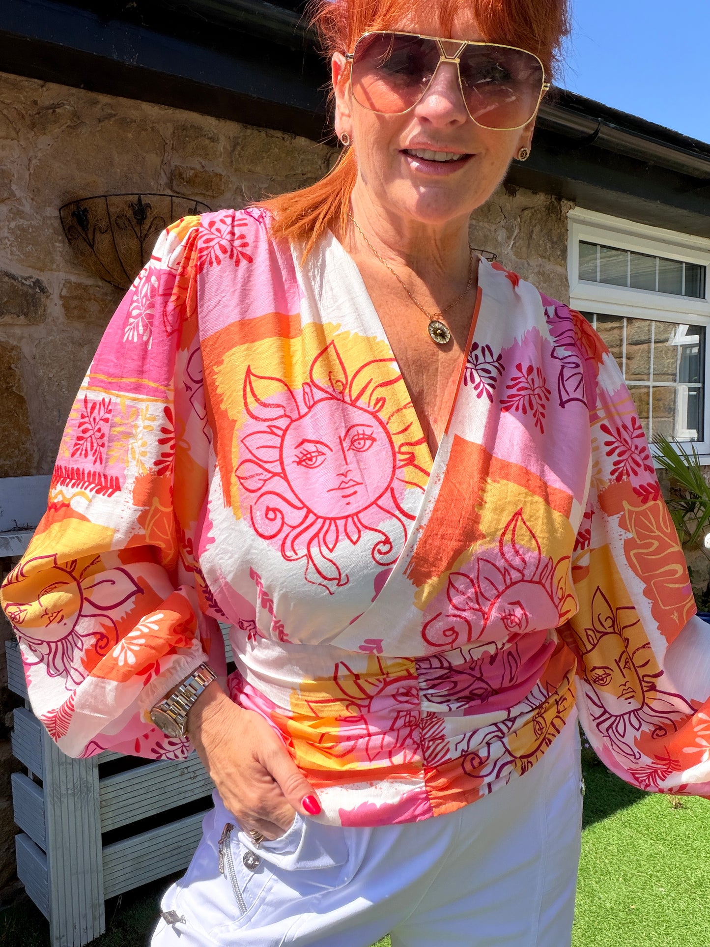 Tanya: Wrap style long balloon sleeve printed top. 3 sizes. 2 colours