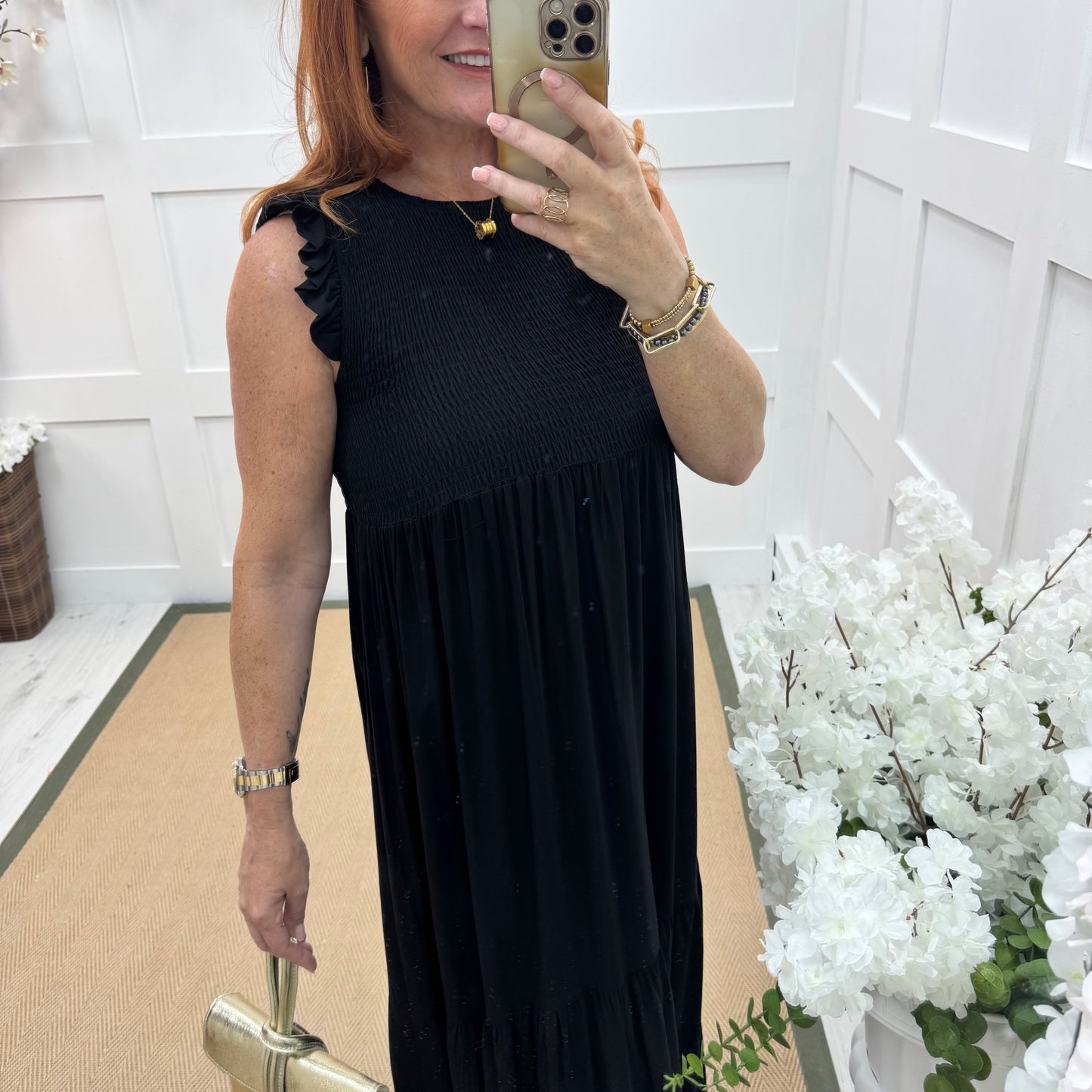 Jazz: Black shirred maxi dress. One size 10-18