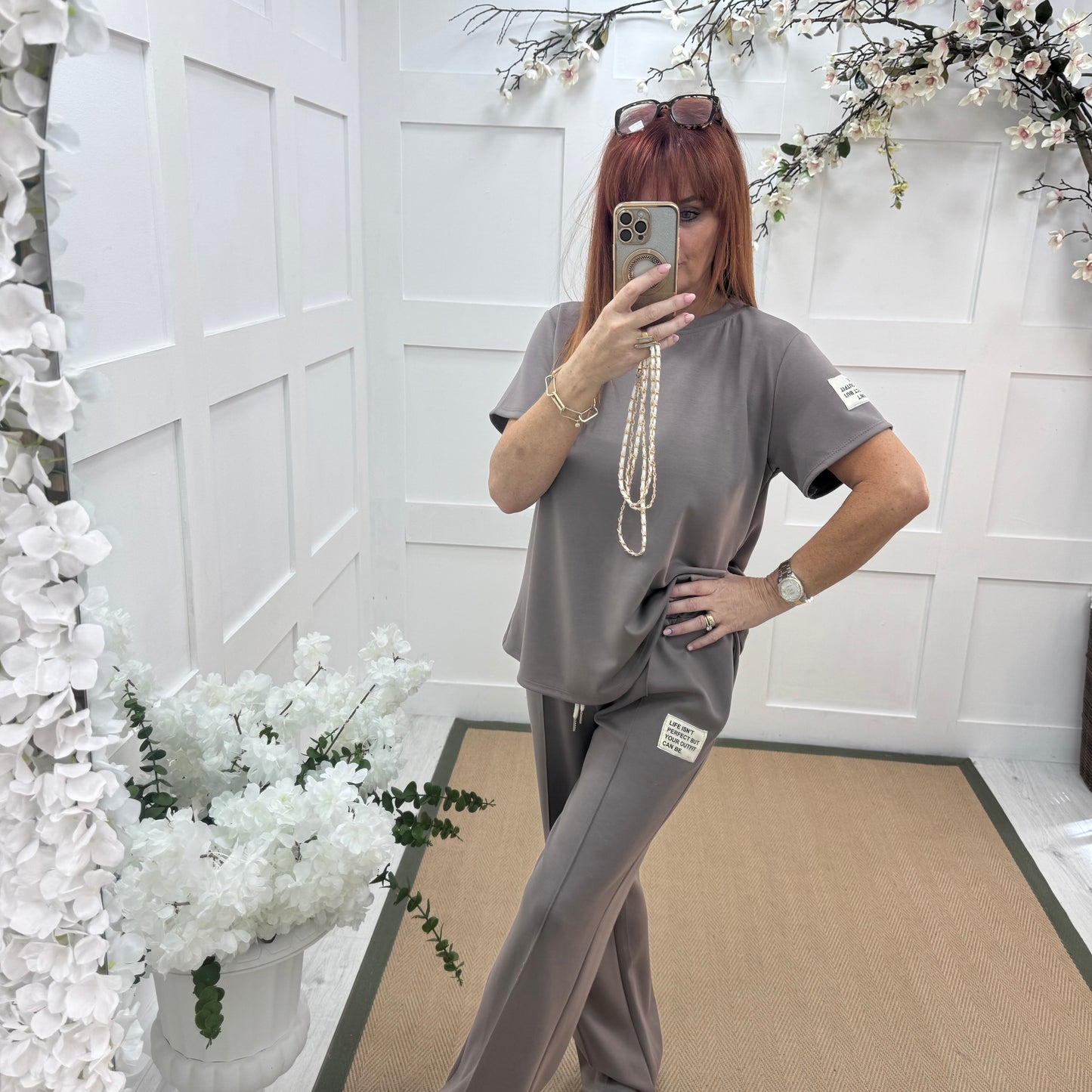 Dulce: Taupe top & trouser co-ord set. One size: 12-16/18