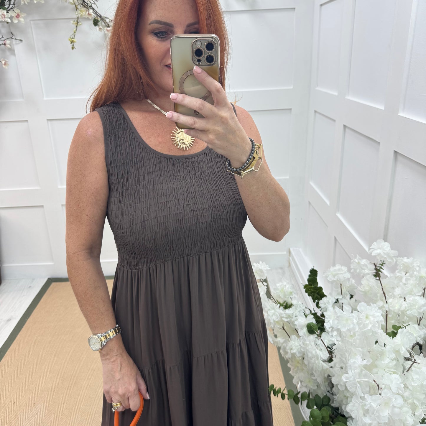 Melody: Brown shirred midi dress. One size: 12-18