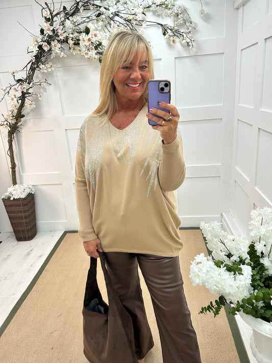 Coco: Sand V neck diamanté long sleeve top. One size: 18-22