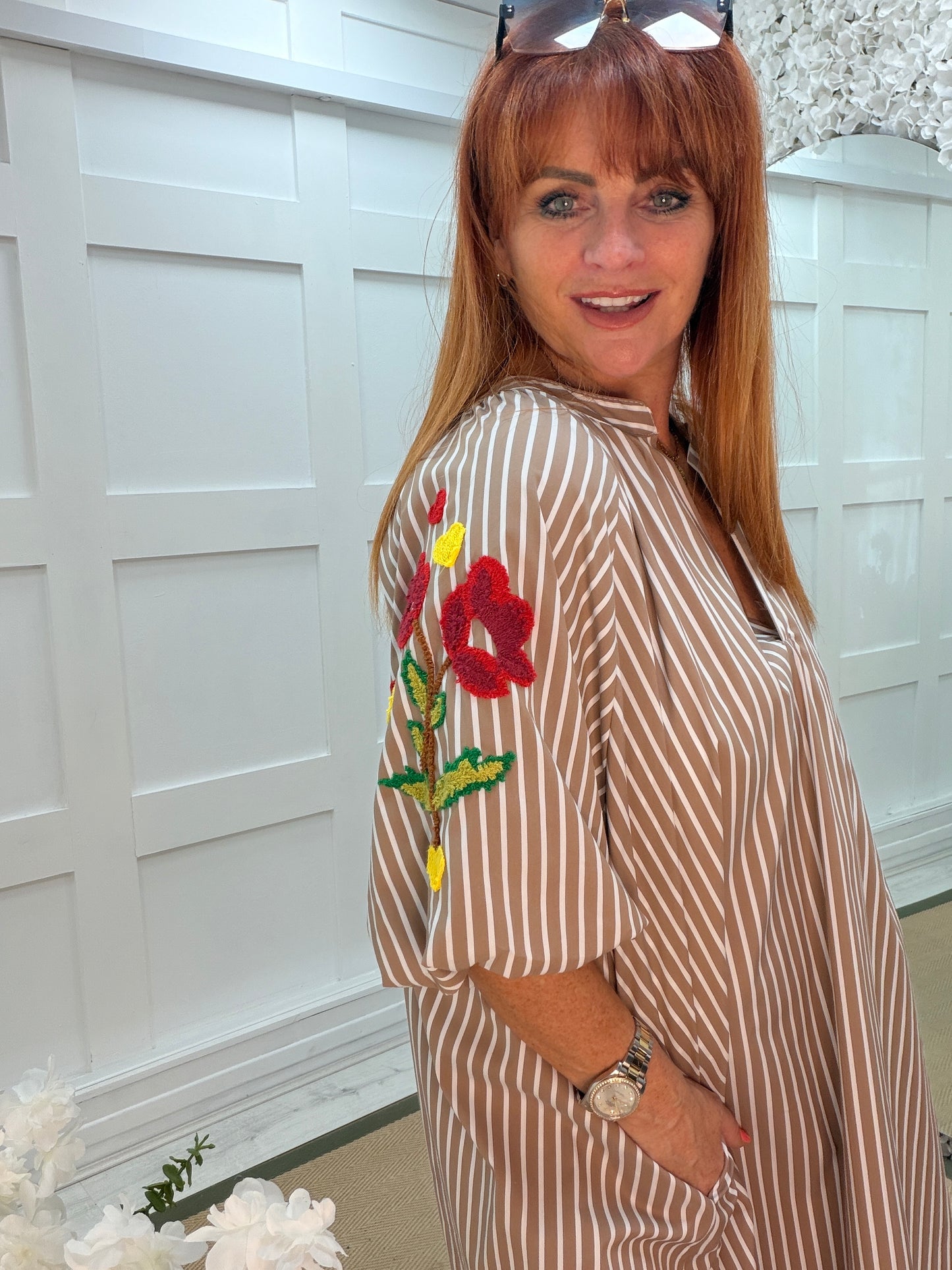 Dina: Stripe & floral embroidered smock dress. One size: 14-20. 2 colours