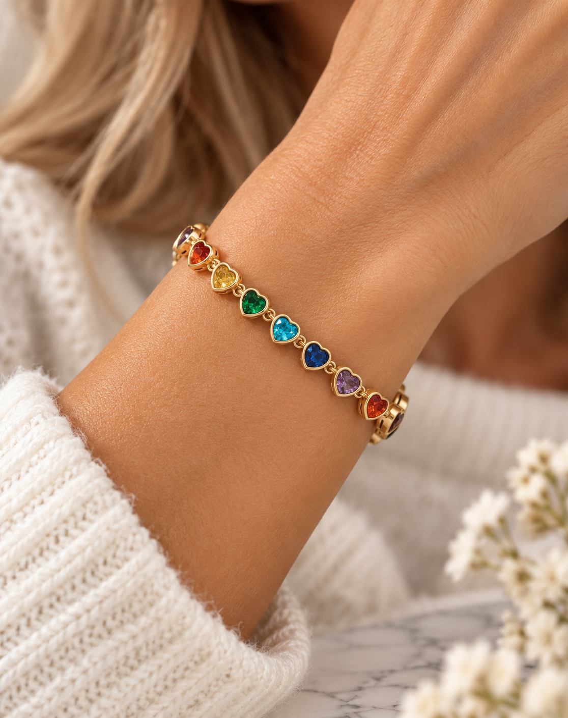 Verona: 18K gold multicoloured heart tennis bracelet