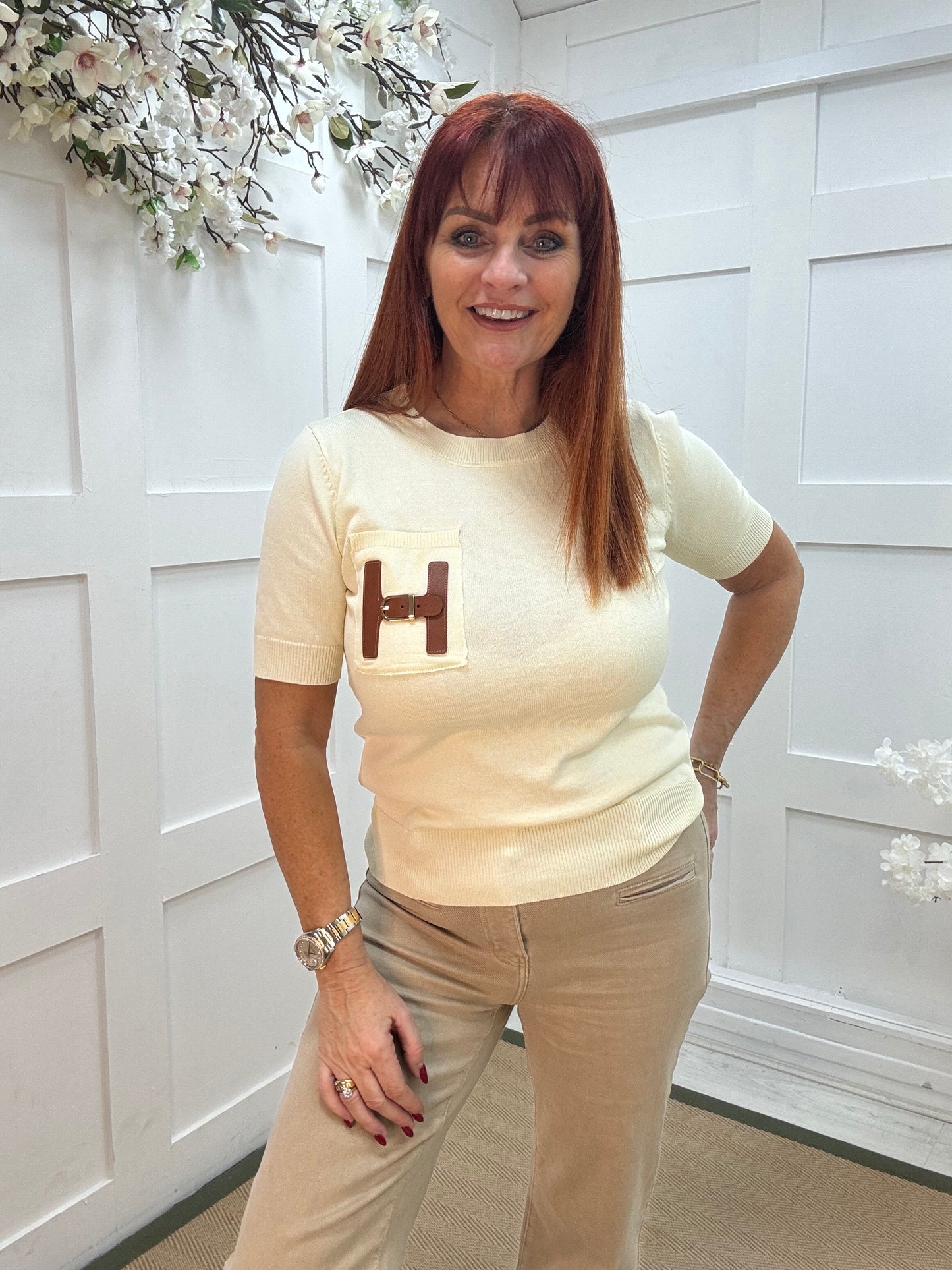 Harley: Lemon H logo knit top. One size: 8-14