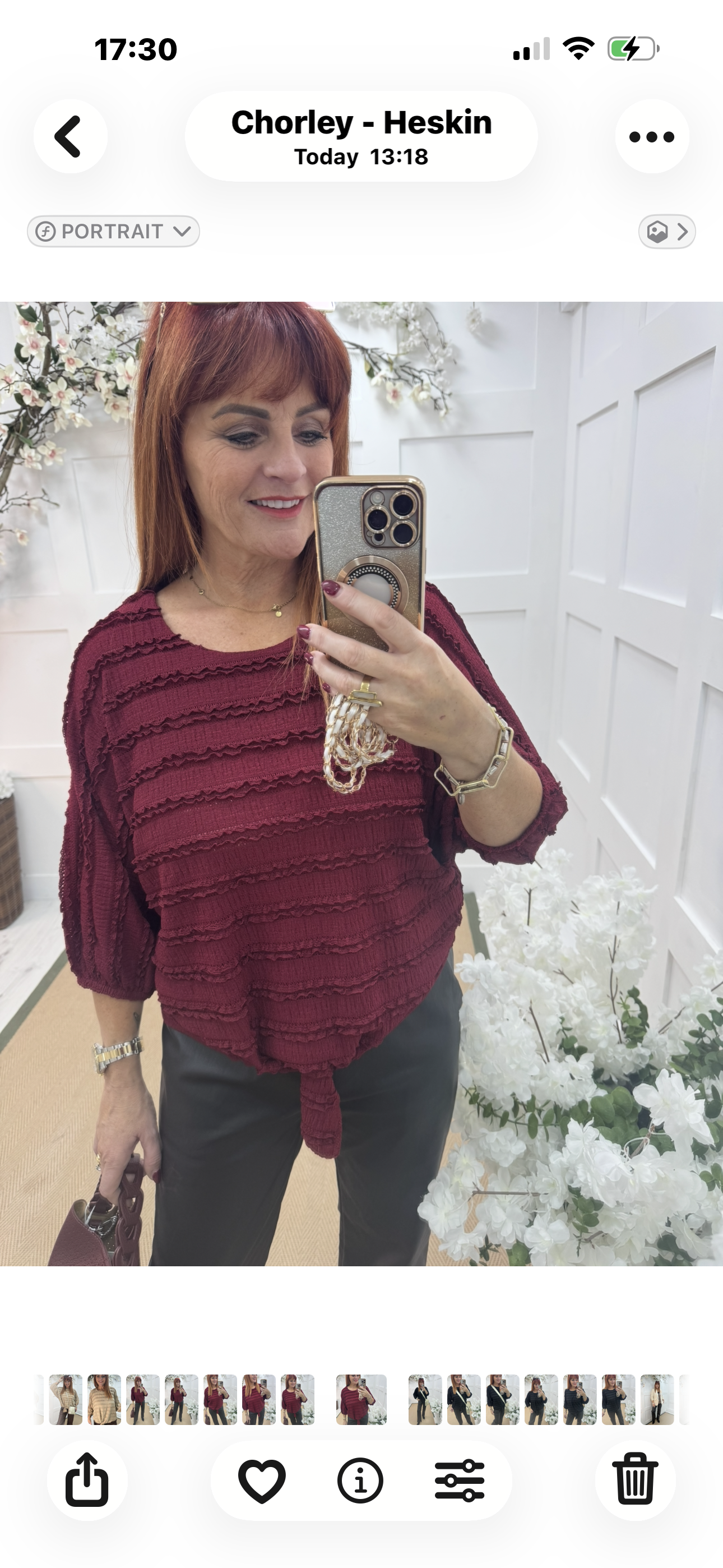 Dorita: Burgundy ruffle & tie top. One size 12-16