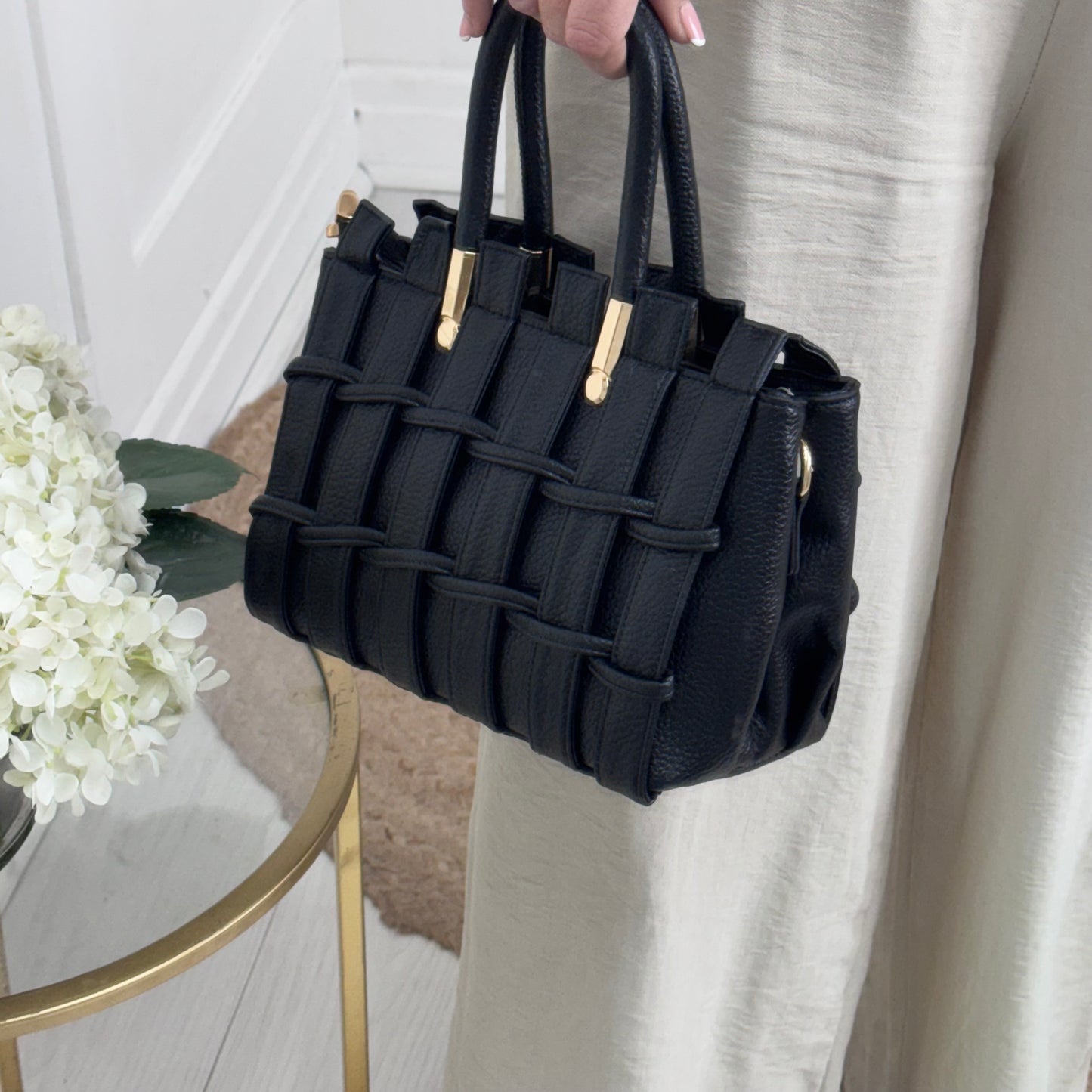 Misha: Small black weave tote bag