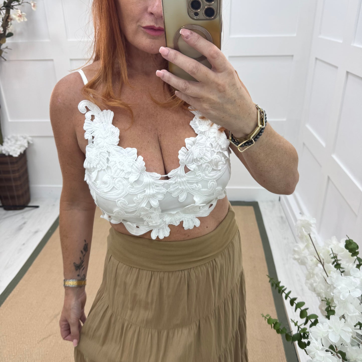 Lacey: White applique crop bralette. One size 8-14
