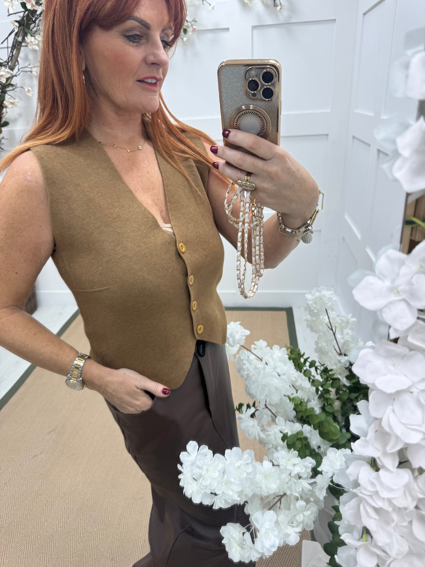 Saffron: Camel fine knit button waistcoat. One size: 10-16