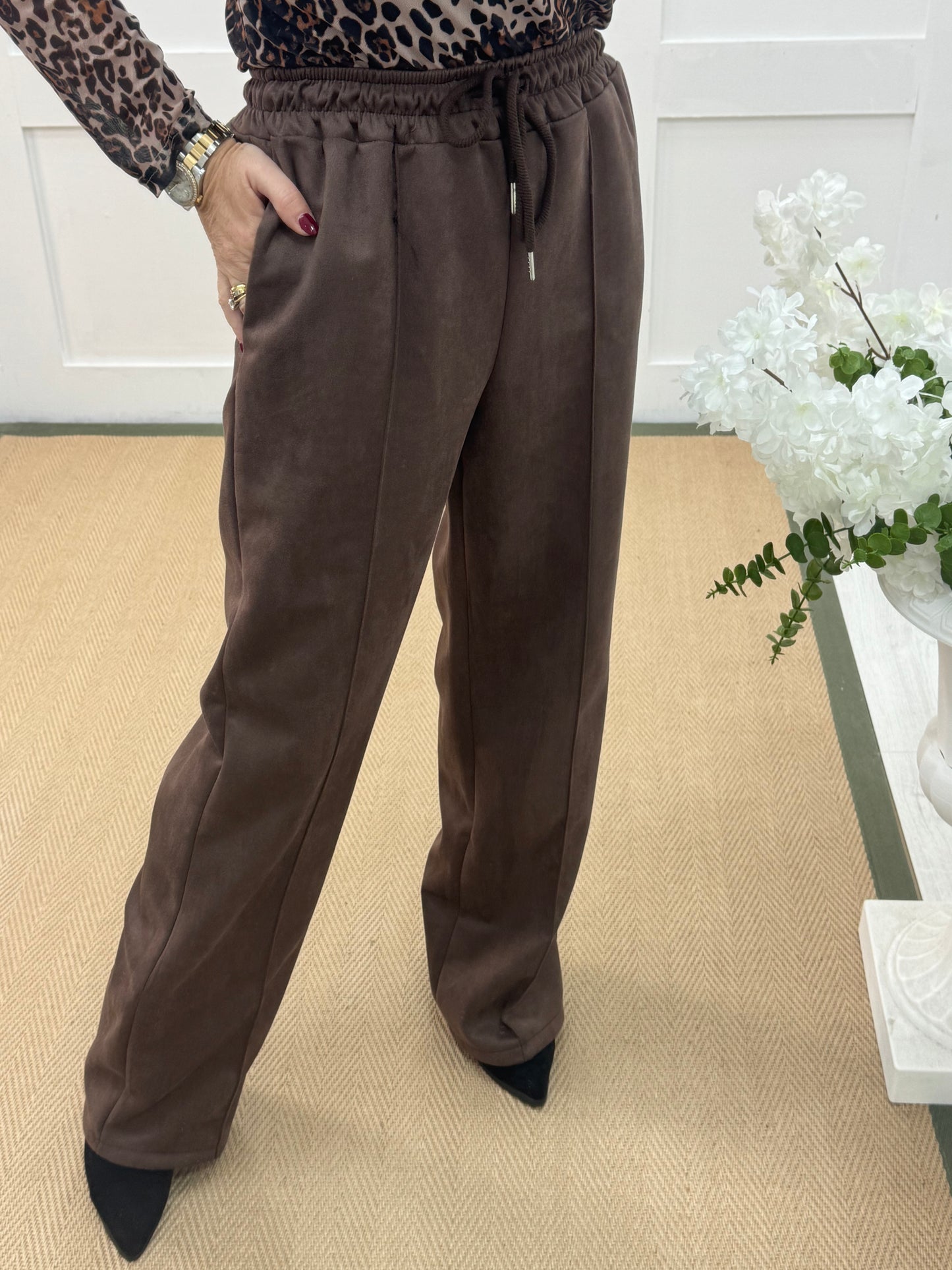 Sadie: Brown suedette wide leg pocket trousers. One size: 10-16