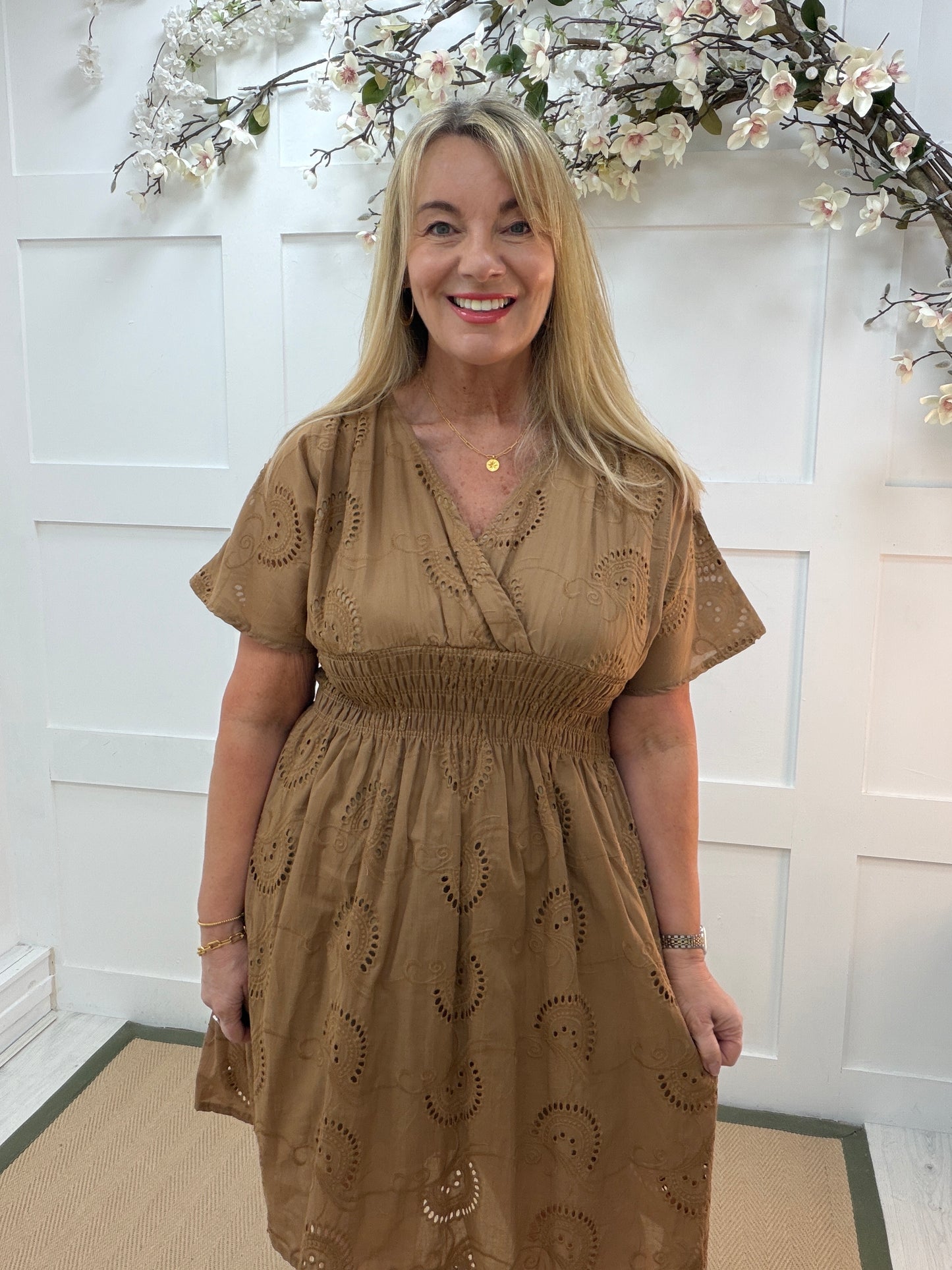 Belinda: Tan broderie anglaise midi dress. One size: 10-16