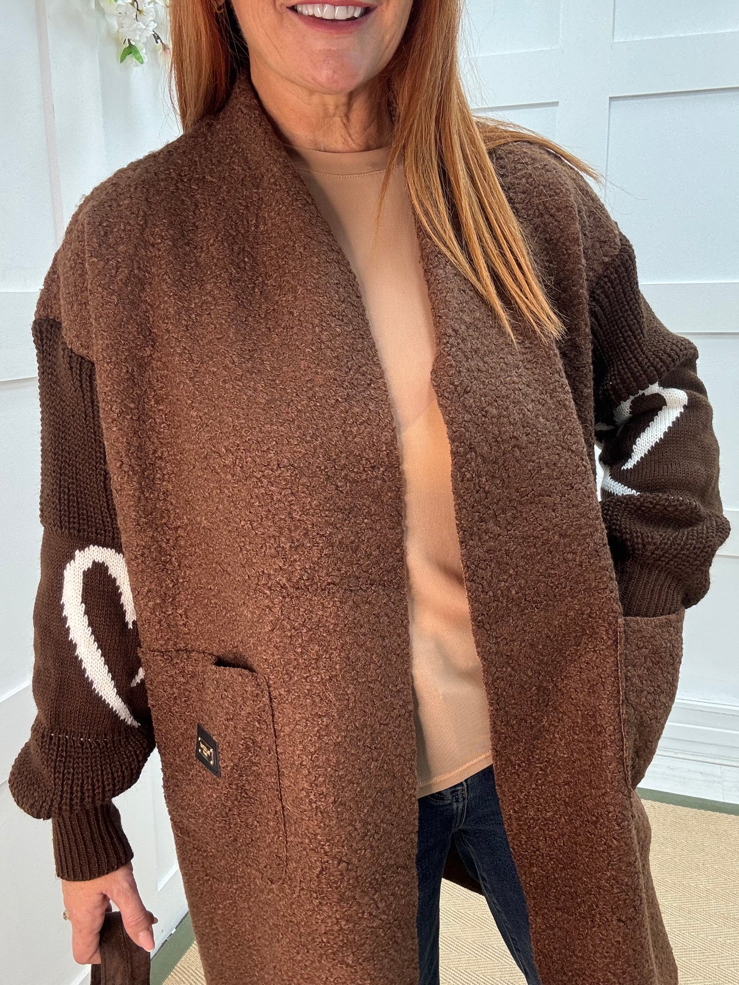 Kara: Brown boucle long edge to edge coat. One size 10 - 18