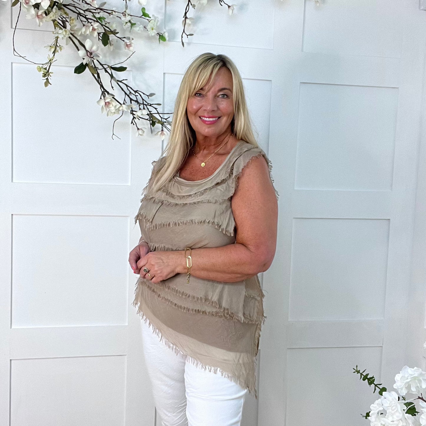 Aspen: Mocha silk layered sleeveless top. One size 10-18
