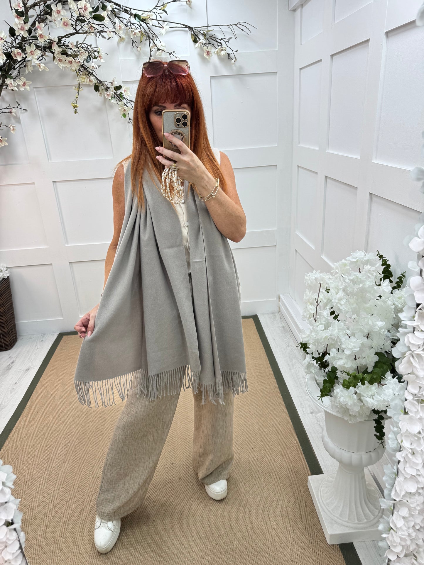 Indra: Plain taupe soft feel tassel scarf