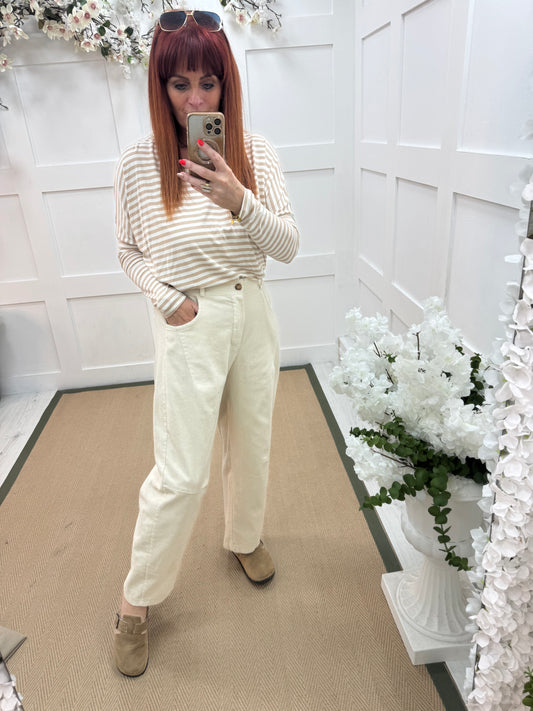 Zarah: Cream corduroy high waist trousers. One size: 12-16