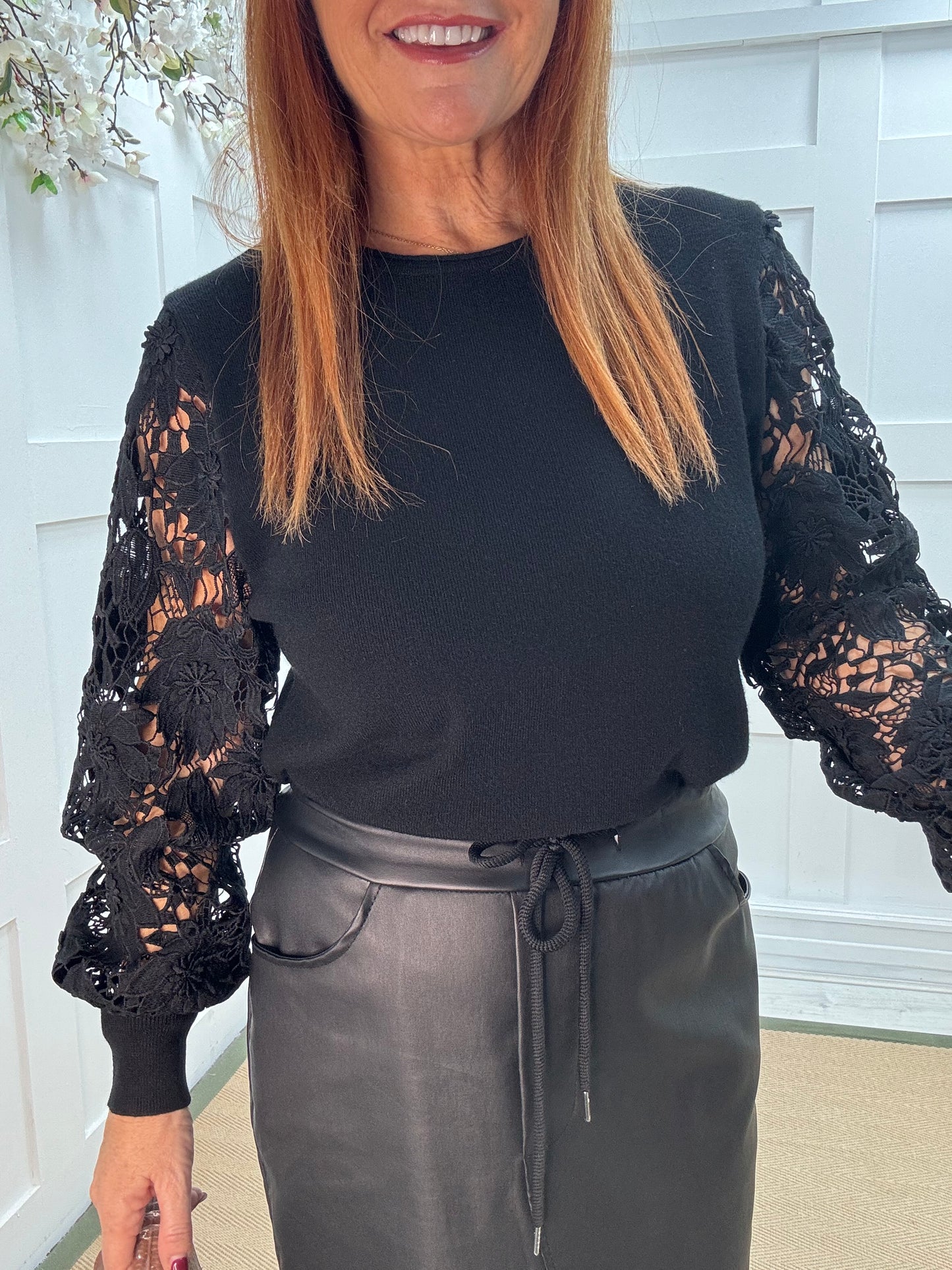 Gemma: Black crochet balloon sleeve top. One size 12-16