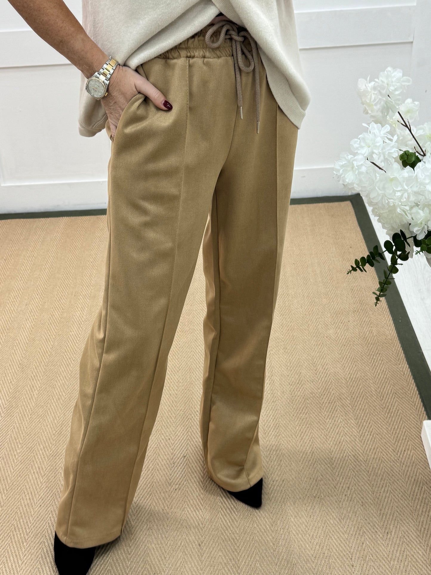Sadie: Sand suedette wide leg pocket trousers. One size: 10-16