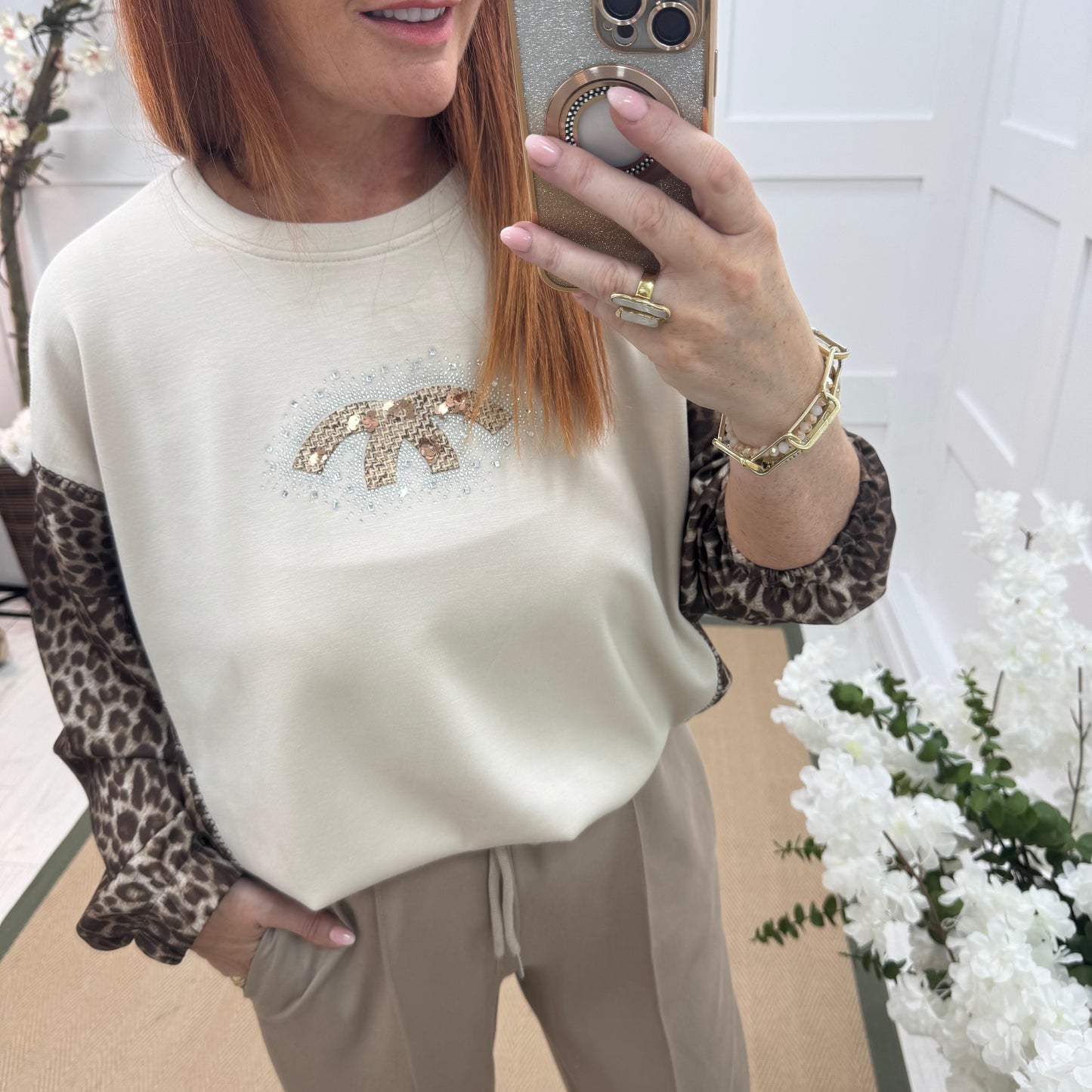 Maya: Cream leopard print diamanté logo sweatshirt. One size: 14-18
