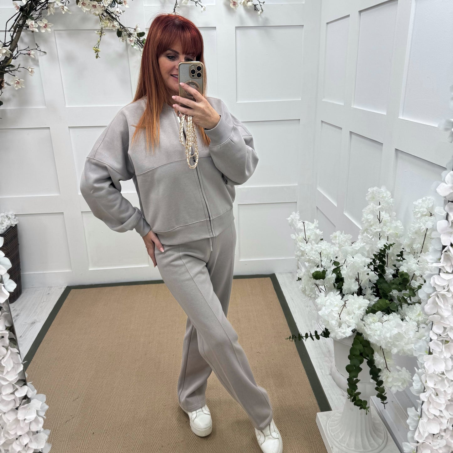 Ginny: Taupe bomber jacket & trouser set. Sizes: 8-14