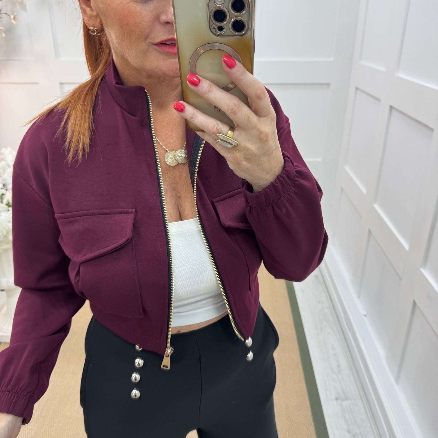 Bunty: Burgundy stretchy short bomber jacket. One size: 8-16