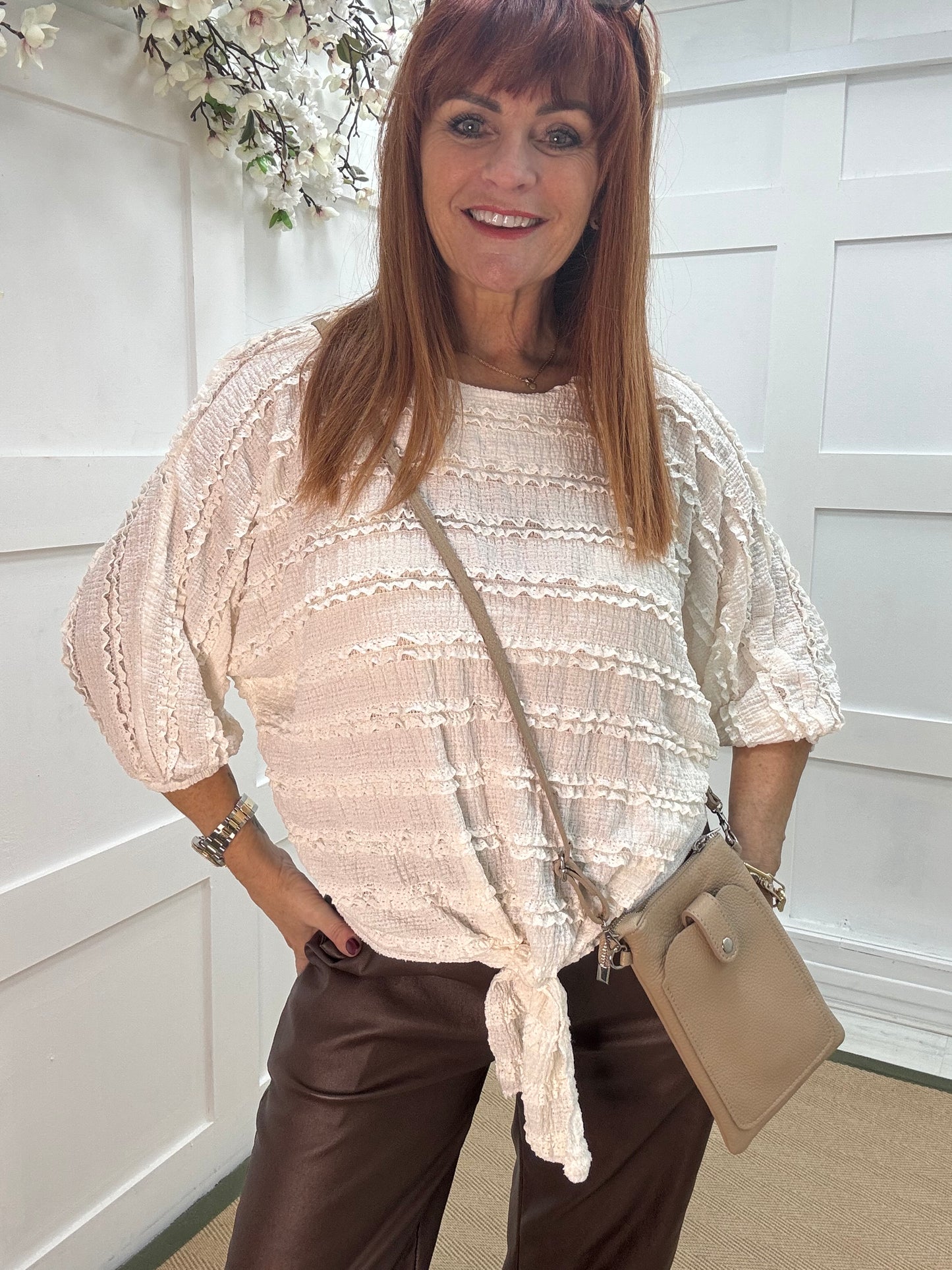 Dorita: White ruffle & tie top. One size 12-16