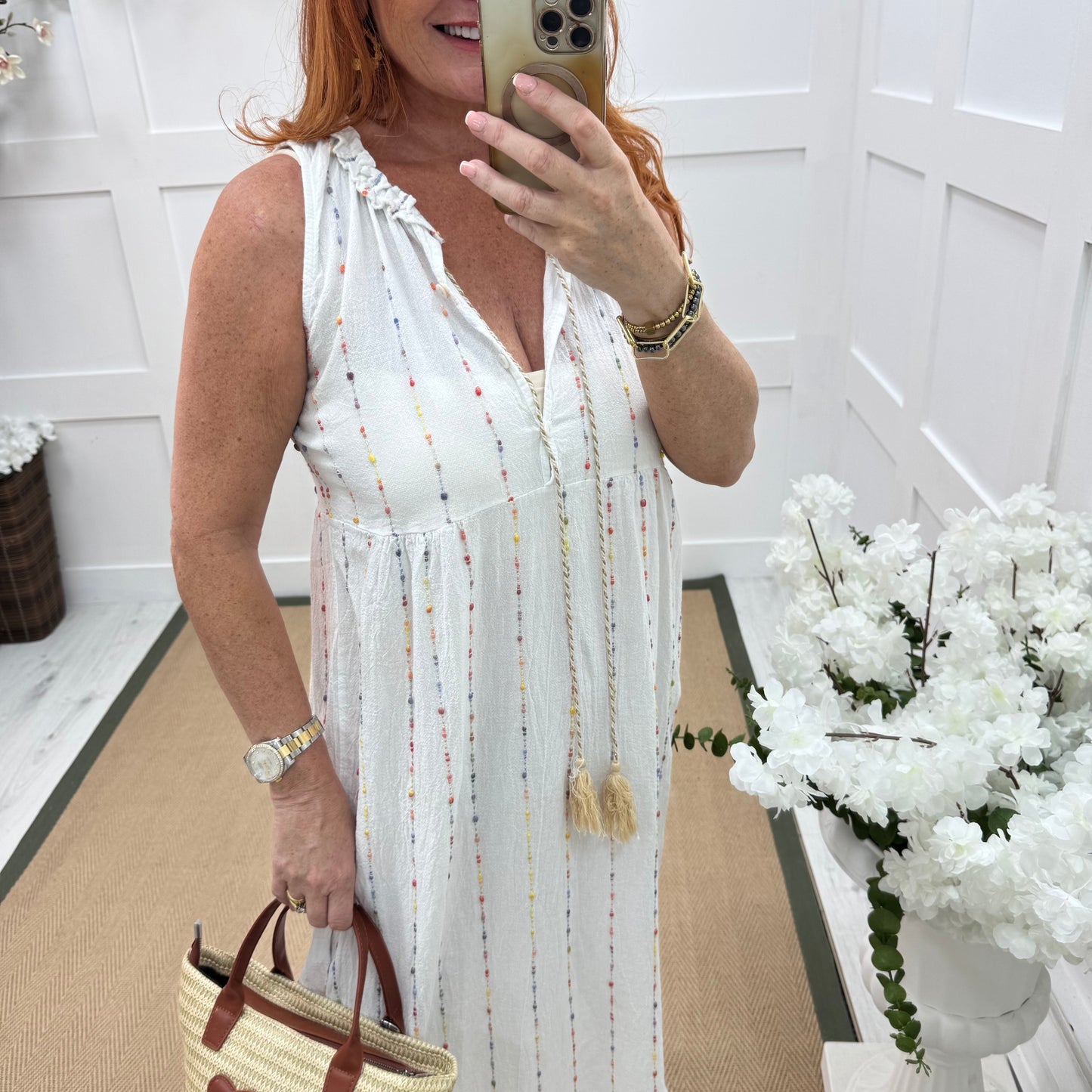 Delores: White embroidered cotton midi dress. One size: 10-16