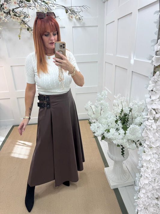 Raine: Brown faux leather belted asymmetric skirt. One size: 12-16