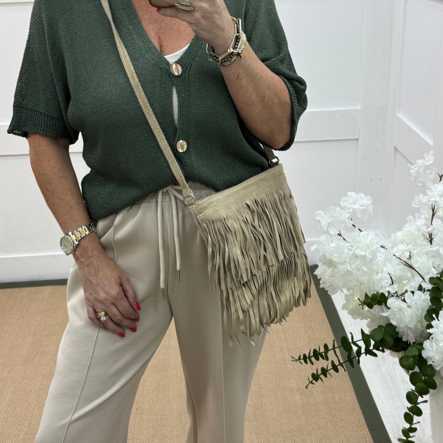 Tanya: Cream real suede tassel cross body bag.