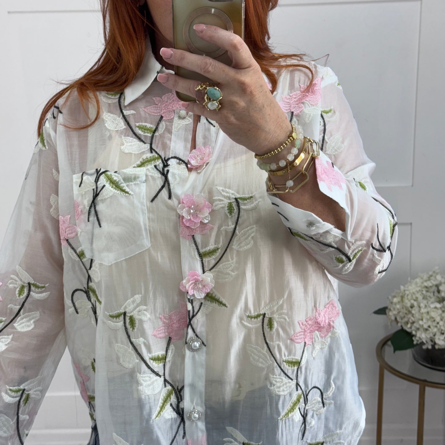 Mia: White blouse with pink acrylic flowers & embroidery. One size: 12-18