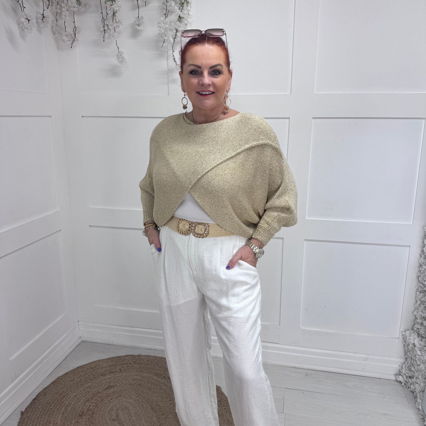 Aurora: Gold stretchy lurex wrap top. One size: 10-18