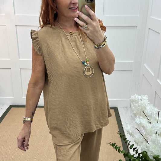 Ember: Sand frill sleeve top & pendant. One size: 14-20