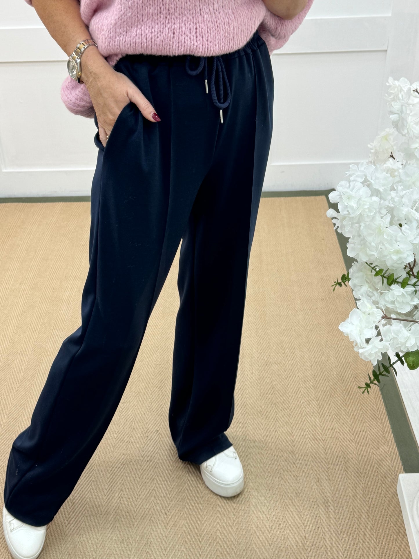 Trudy (Short): Navy stretchy wide leg pocket trousers. One size 10-16