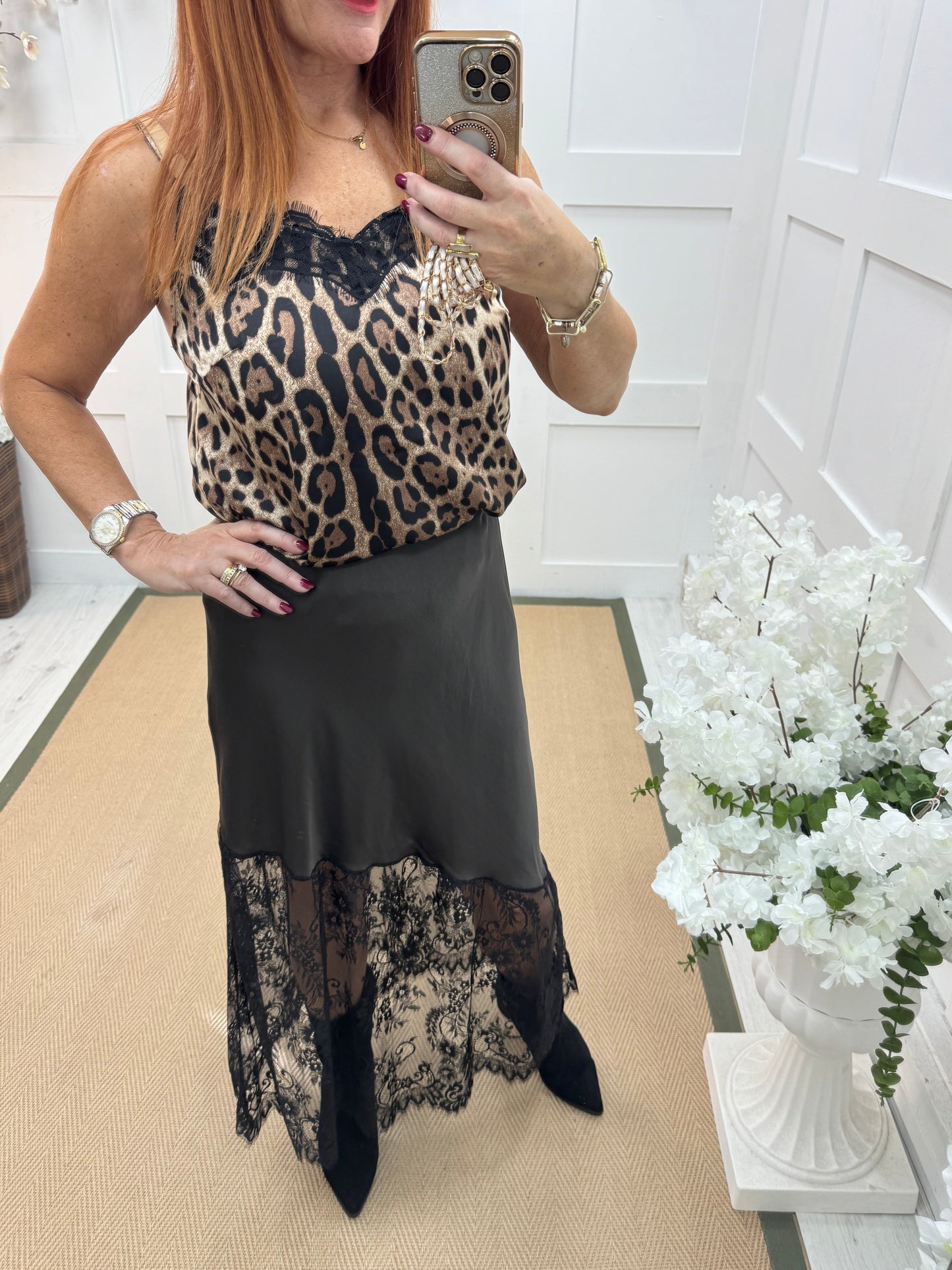 Sylphie: Brown Silk Skirt with Sheer Lace Bottom. One size: 10-16