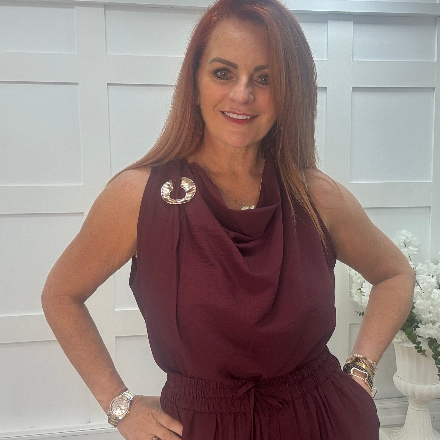 Melissa: Burgundy cowl neck top & trouser co-ord set. One size: 12-18