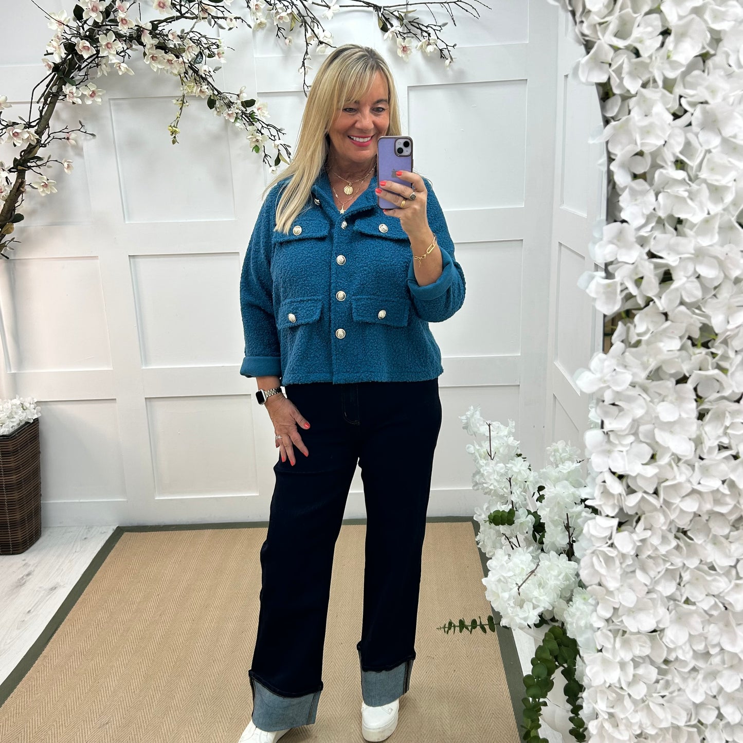 Bridget: Teal short boucle button jacket. One: 12-20