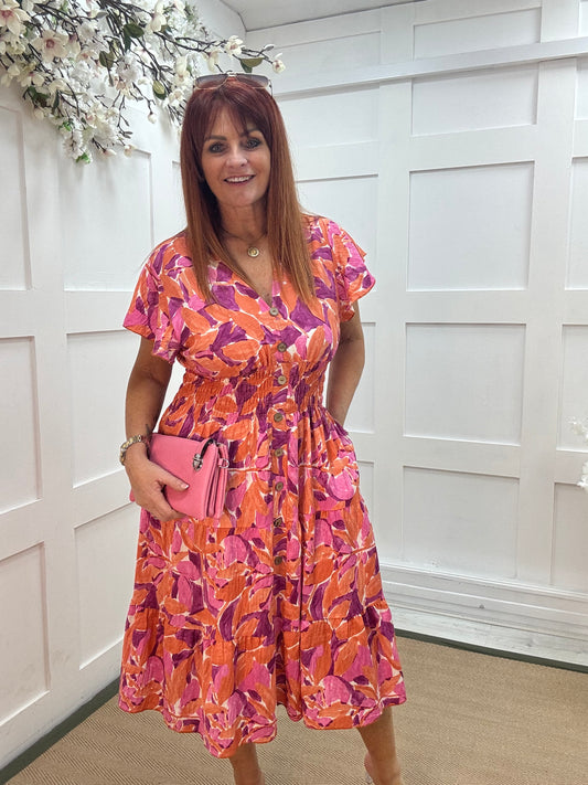 Pippa: Pink & orange stretchy V neck midi dress. One size: 10-18