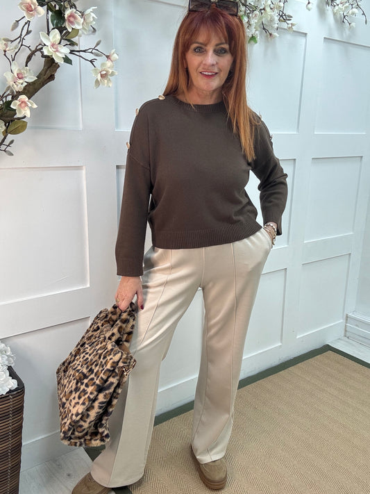 Lorna: Brown gold button knitted top. One Sz: 10-16